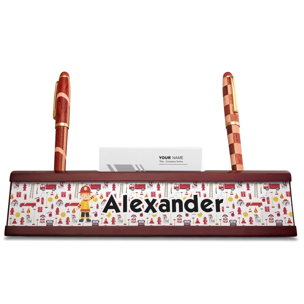 Firefighter Red Mahogany Nameplates with Business Card Holder - Straight