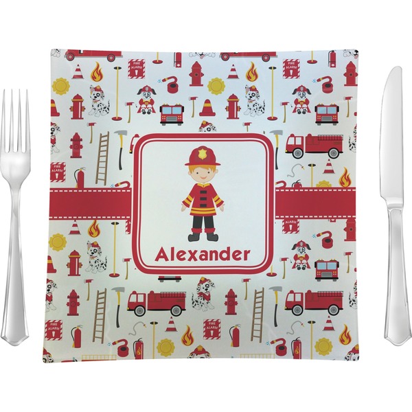 Custom Firefighter Character 9.5" Glass Square Lunch / Dinner Plate- Single or Set of 4 (Personalized)