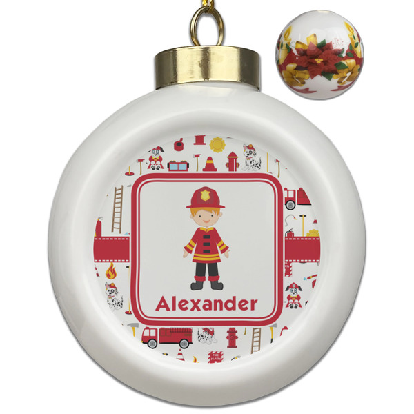 Custom Firefighter Character Ceramic Ball Ornaments - Poinsettia Garland (Personalized)