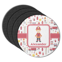 Firefighter Character Round Rubber Backed Coasters - Set of 4 w/ Name or Text