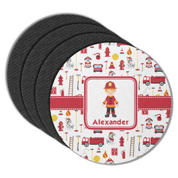 Firefighter Character Round Rubber Backed Coasters - Set of 4 w/ Name or Text