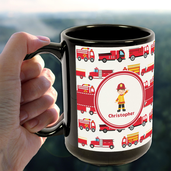 Firetrucks 15oz. Black Mug - LIFESTYLE