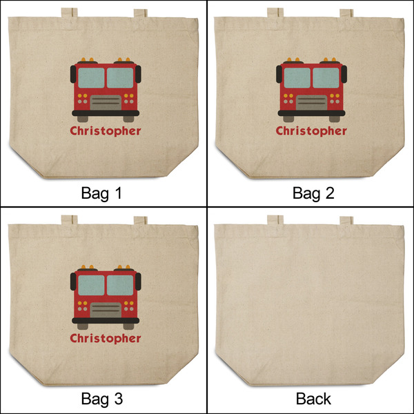 Firetrucks 3 Reusable Cotton Grocery Bags - Front & Back View