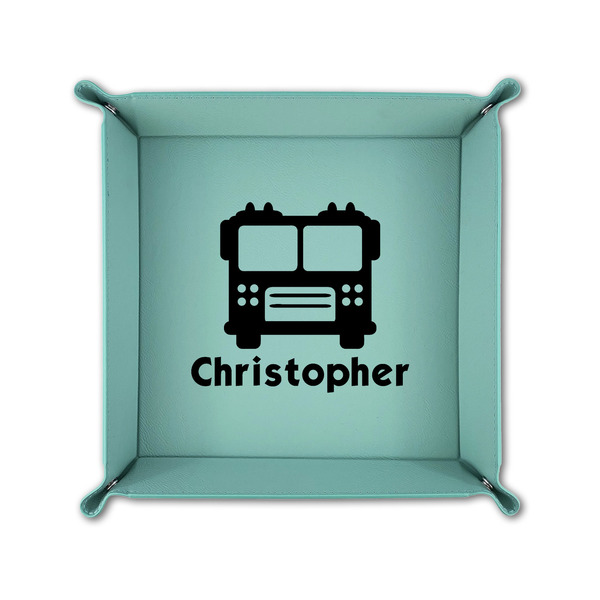 Firetrucks 6" x 6" Teal Leatherette Snap Up Tray - FOLDED UP