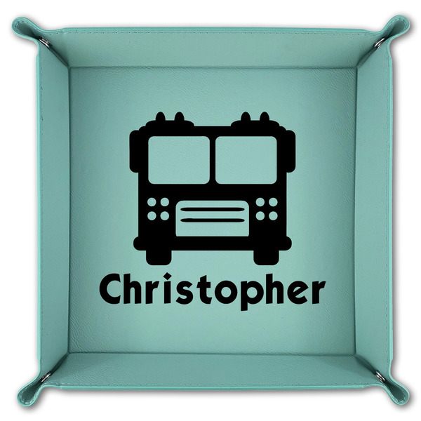 Firetrucks 9" x 9" Teal Leatherette Snap Up Tray - FOLDED