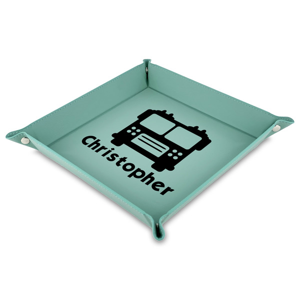 Custom Firetrucks 9" x 9" Teal Faux Leather Valet Tray (Personalized)