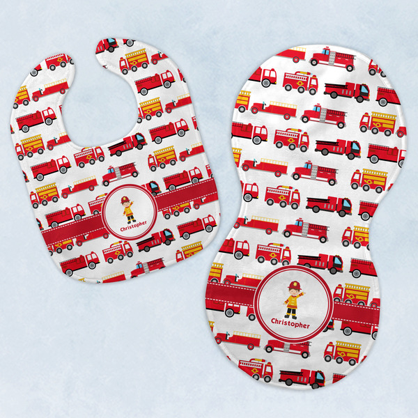 Custom Firetrucks Baby Bib & Burp Set w/ Name or Text