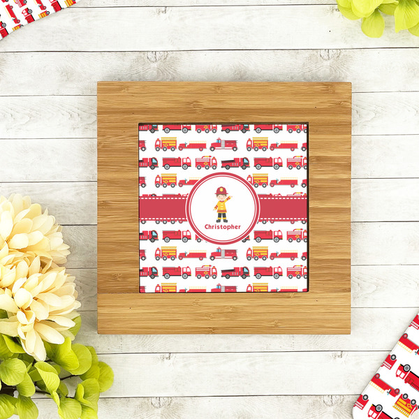 Firetrucks Bamboo Trivet with 6" Tile - LIFESTYLE
