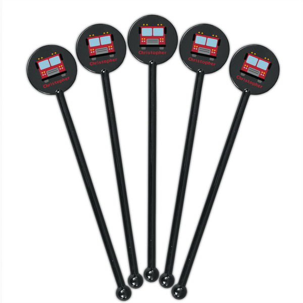 Firetrucks Black Plastic 5.5" Stir Stick - Round - Fan View