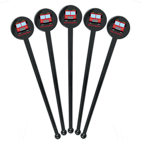Firetrucks Black Plastic 7" Stir Stick - Round - Fan View