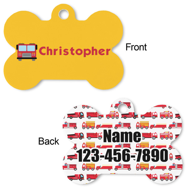Firetrucks Bone Shaped Dog Tag - Front & Back