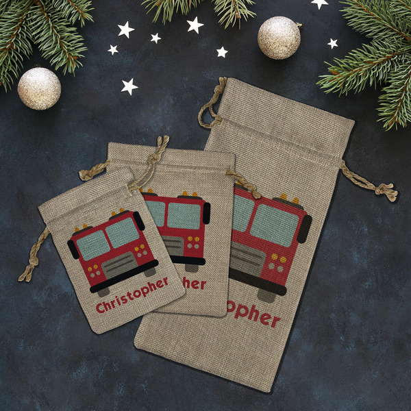 Firetrucks Burlap Gift Bags - LIFESTYLE (Flat lay)