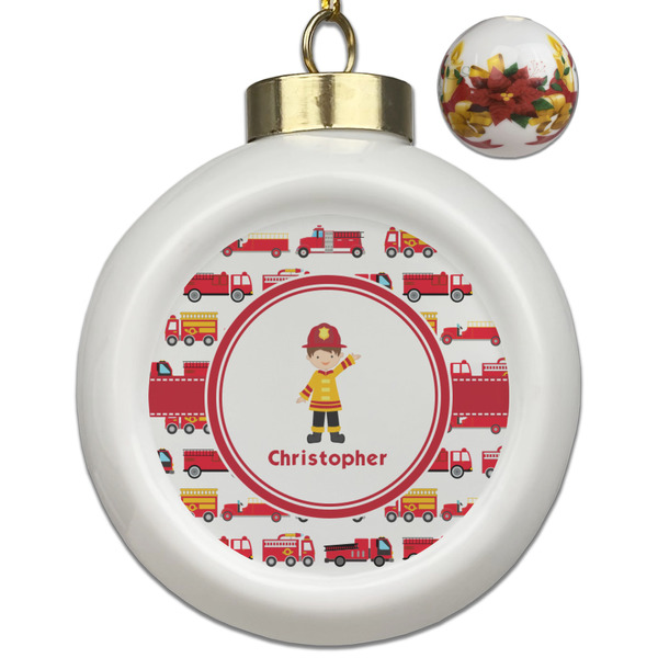 Custom Firetrucks Ceramic Ball Ornaments - Poinsettia Garland (Personalized)