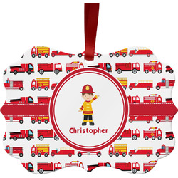 Firetrucks Metal Frame Ornament - Double Sided w/ Name or Text