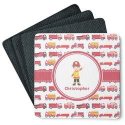 Firetrucks Square Rubber Backed Coasters - Set of 4 (Personalized)