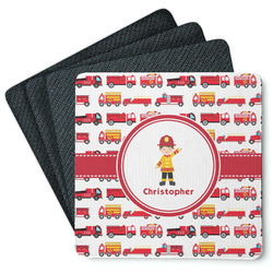 Firetrucks Square Rubber Backed Coasters - Set of 4 (Personalized)