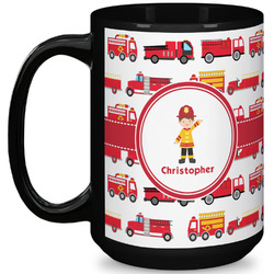 Firetrucks 15 Oz Coffee Mug - Black (Personalized)
