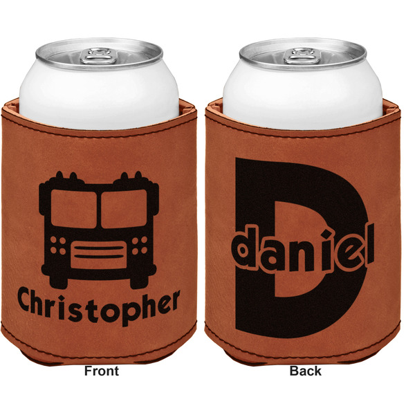 Firetrucks Cognac Leatherette Can Sleeve - Double Sided Front and Back
