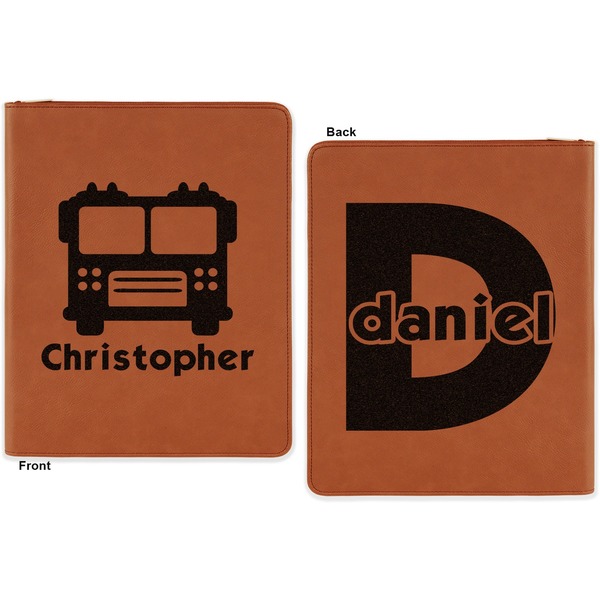Firetrucks Cognac Leatherette Zipper Portfolios with Notepad - Double Sided - Apvl