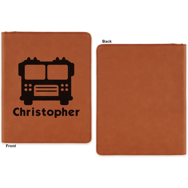 Firetrucks Cognac Leatherette Zipper Portfolios with Notepad - Single Sided - Apvl