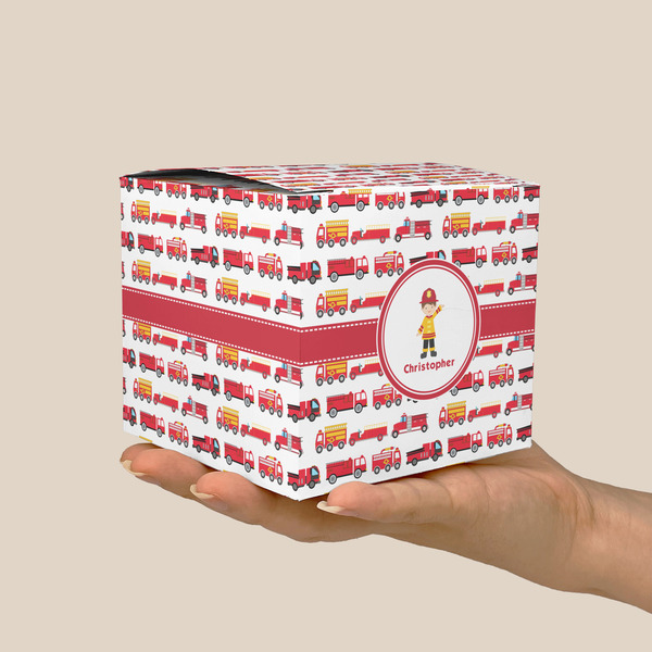 Firetrucks Cube Favor Gift Box - On Hand - Scale View