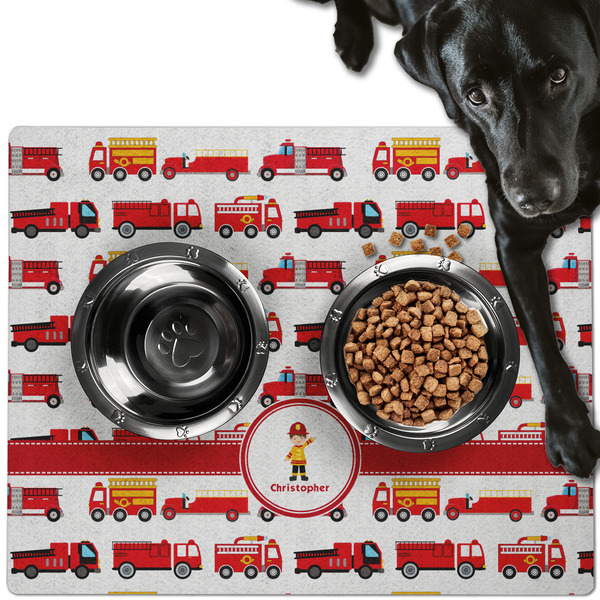 Custom Firetrucks Dog Food Mat - Large w/ Name or Text