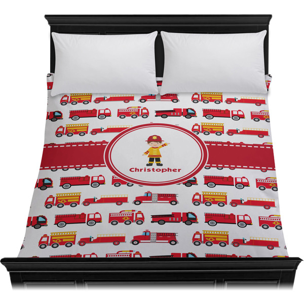 Firetrucks Duvet Cover - Queen - On Bed - No Prop
