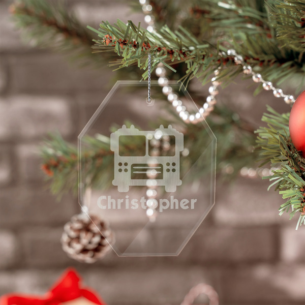 Firetrucks Engraved Glass Ornaments - Octagon (Lifestyle)