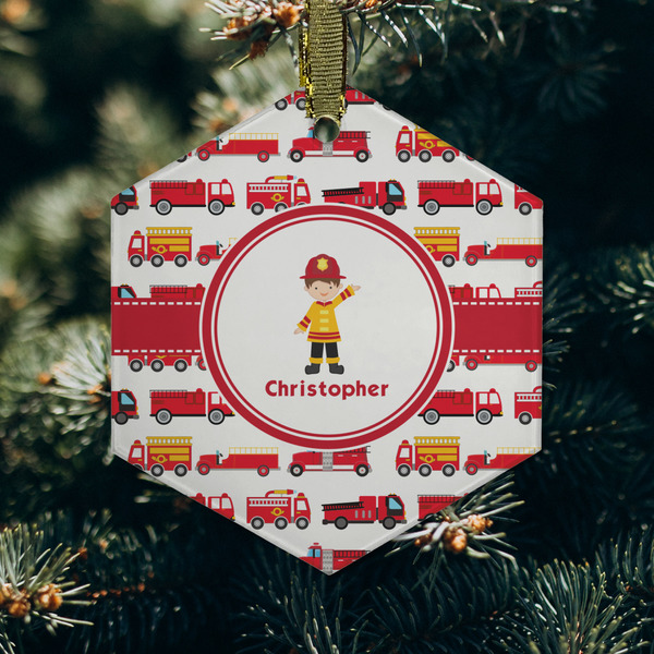 Firetrucks Frosted Glass Ornament - Hexagon (Lifestyle)
