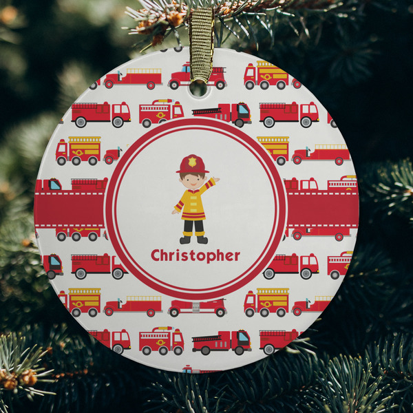 Firetrucks Frosted Glass Ornament - Round (Lifestyle)