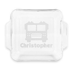 Firetrucks Glass Cake Dish with Truefit Lid - 8in x 8in (Personalized)