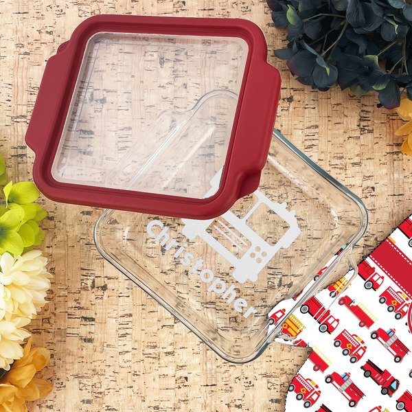 Firetrucks Glass Cake Dish - LIFESTYLE (8x8)