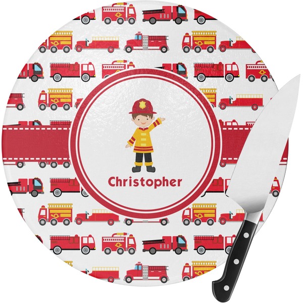 Custom Firetrucks Round Glass Cutting Board (Personalized)