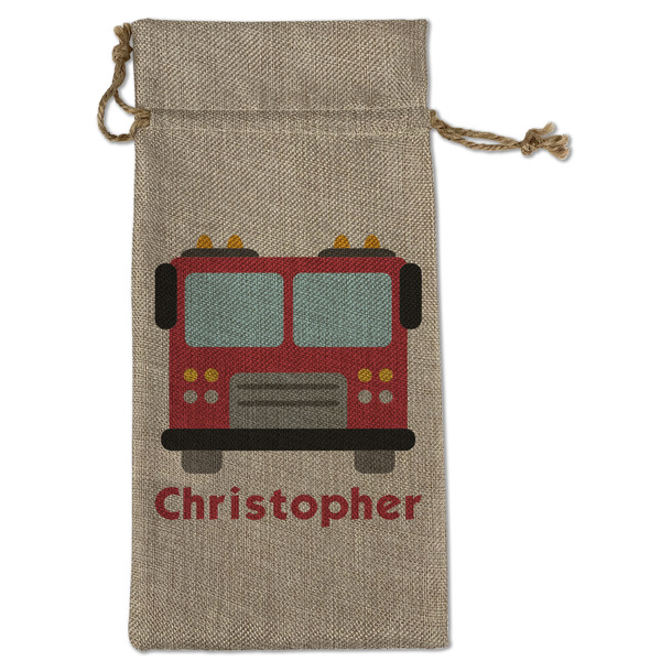 Custom Firetrucks Large Burlap Gift Bag - Front (Personalized)