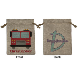 Firetrucks Medium Burlap Gift Bag - Front & Back (Personalized)