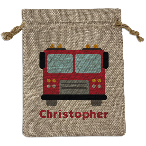 Custom Firetrucks Medium Burlap Gift Bag - Front (Personalized)