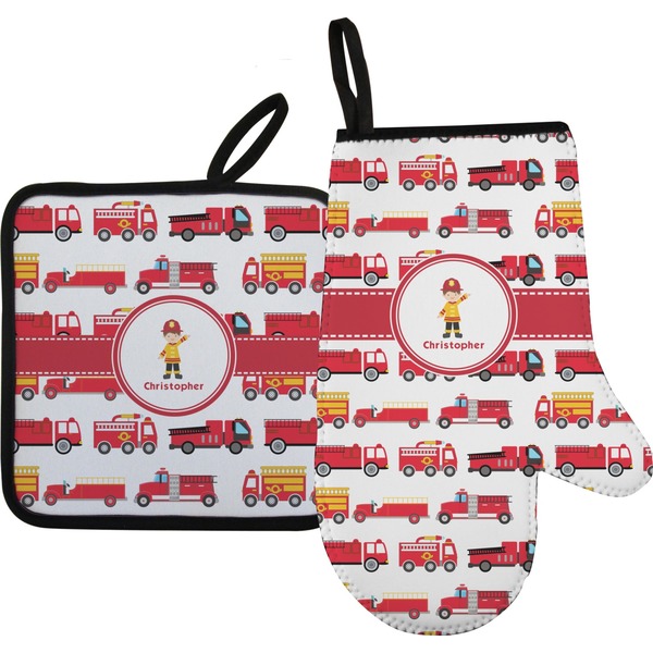 Custom Firetrucks Oven Mitt & Pot Holder Set w/ Name or Text