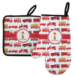 Firetrucks Left Oven Mitt & Pot Holder Set w/ Name or Text