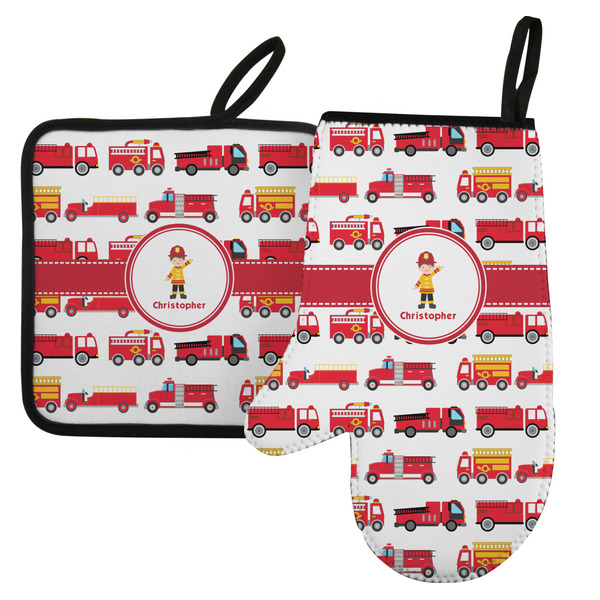 Custom Firetrucks Left Oven Mitt & Pot Holder Set w/ Name or Text