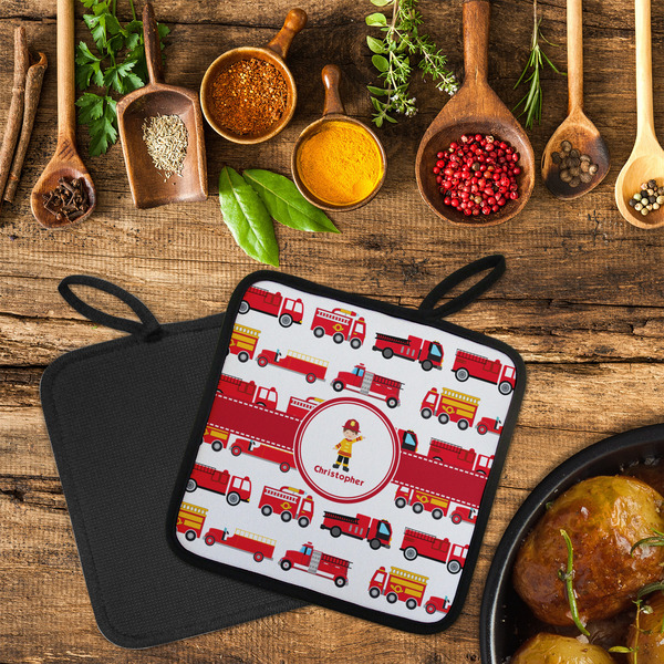 Firetrucks Neoprene Pot Holder - Set of 2  LIFESTYLE (Flatlay)