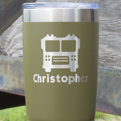 Firetrucks 20 oz Stainless Steel Tumbler - Olive - Single Sided (Personalized)