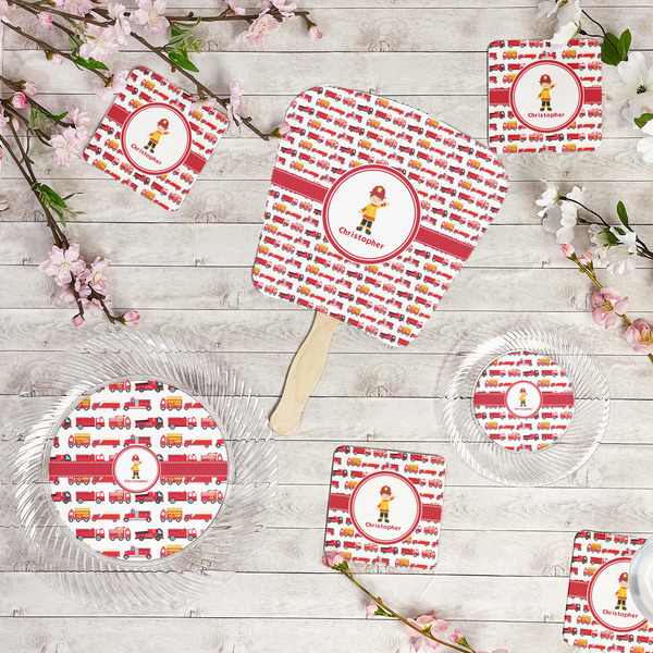 Firetrucks Party Supplies Combination Image - All items - Plates, Coasters, Fans