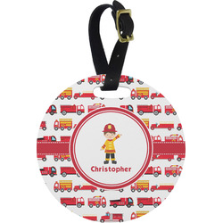 Firetrucks Plastic Luggage Tag - Round (Personalized)