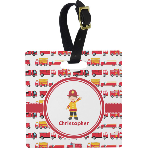Custom Firetrucks Plastic Luggage Tag - Square w/ Name or Text