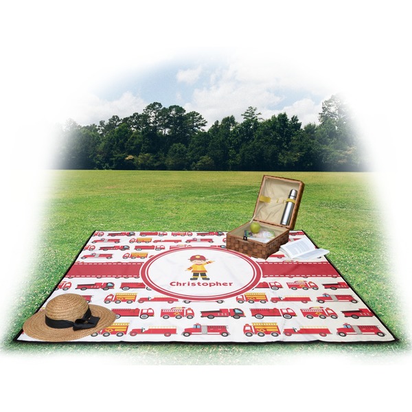 Firetrucks Picnic Blanket - with Basket Hat and Book - in Use