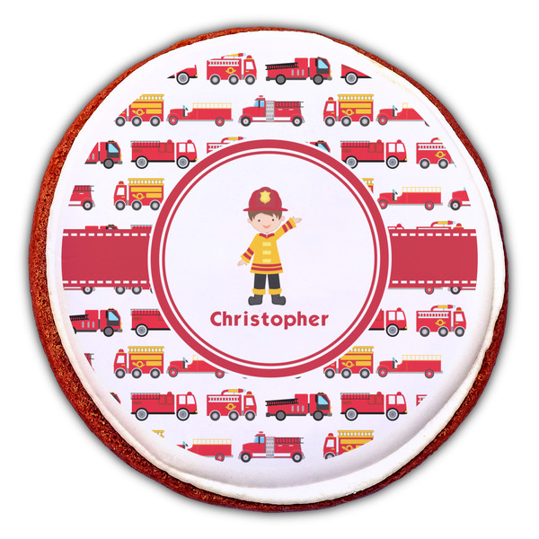 Firetrucks Printed Icing Circle - Large - On Cookie