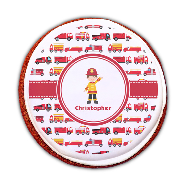 Firetrucks Printed Icing Circle - Medium - On Cookie