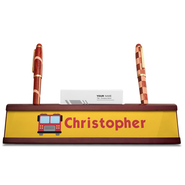 Firetrucks Red Mahogany Nameplates with Business Card Holder - Straight