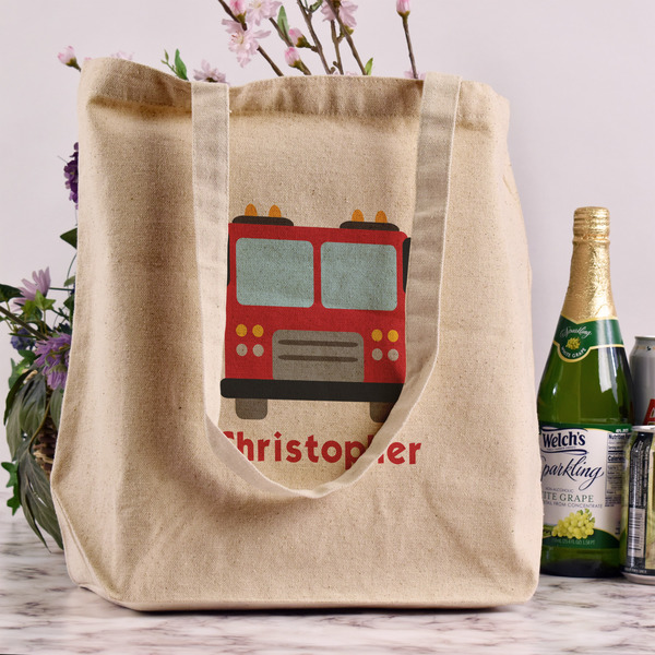 Firetrucks Reusable Cotton Grocery Bag - In Context