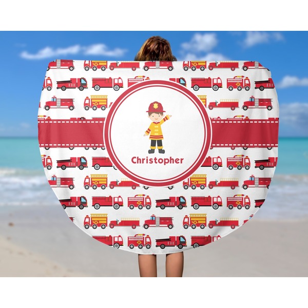 Firetrucks Round Beach Towel - In Use